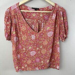 Rachel Zoe Women Short Sleeve V- neck Burnt Orange Floral Print Summer Top L